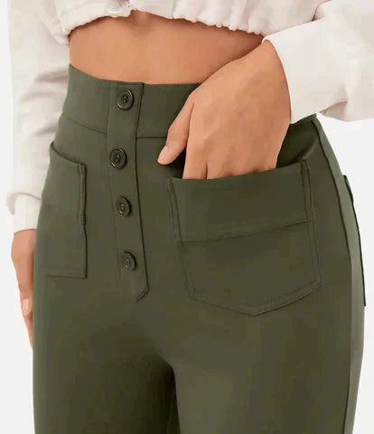 Elasticated high-waisted casual trousers for women