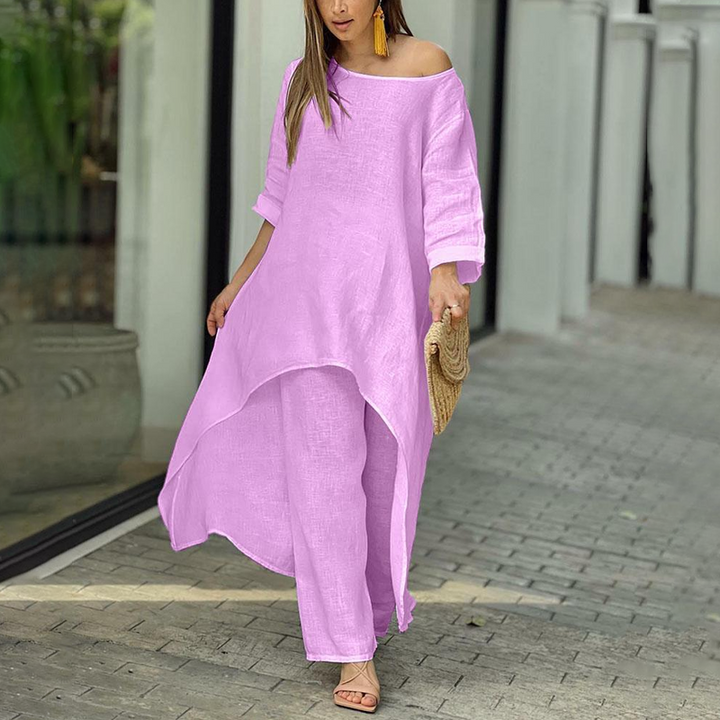 Women's - Airy Linen Set - Oversized Blouse & Wide Trousers - Comfortable Summer Outfit