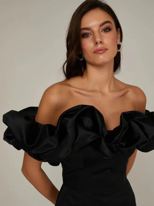 Satin Ruffle Off Shoulder Dress