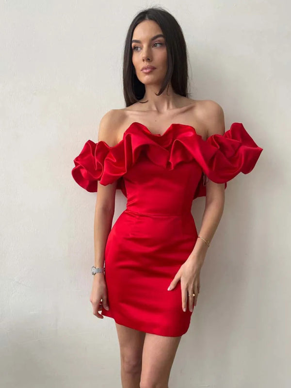 Satin Ruffle Off Shoulder Dress