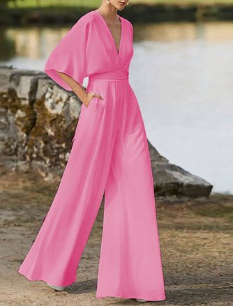 Women's - V-neck Jumpsuit - Wide Leg Design