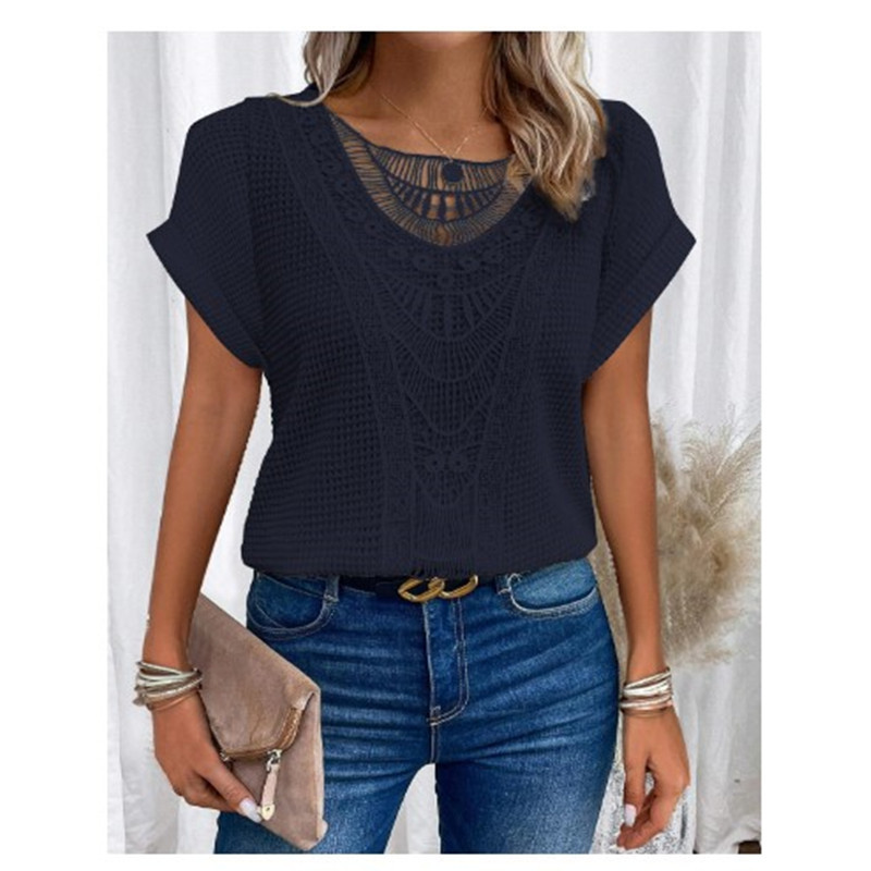 Women's - Top - Round Neckline with Lace Trim - Elegant and Stylish Blouse for Any Occasion