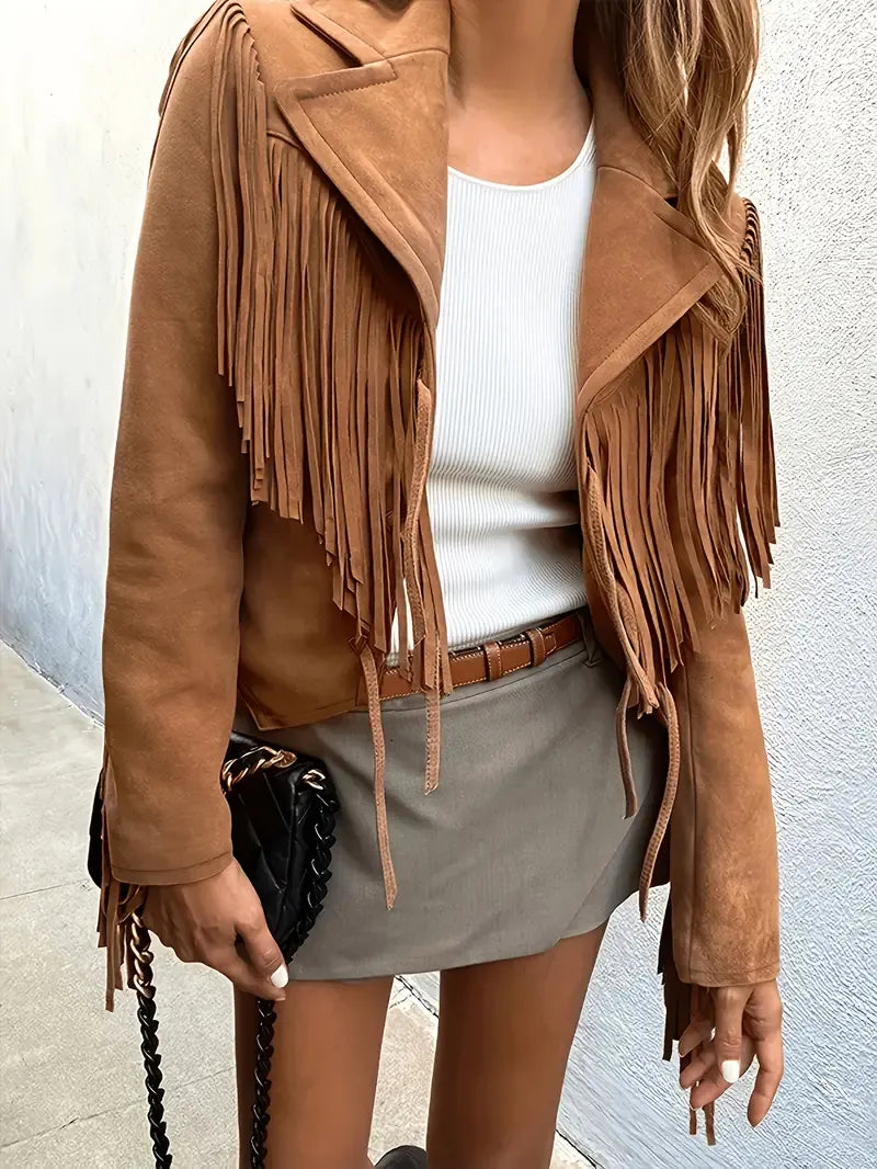 Women's - Fringe Suede Jacket - Fitted Waist-Length