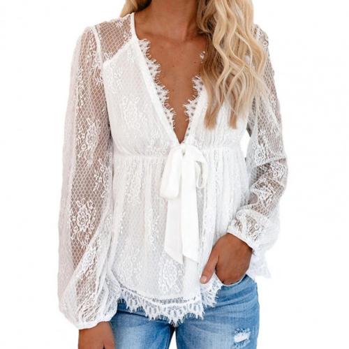 Lace blouse with deep V-neckline