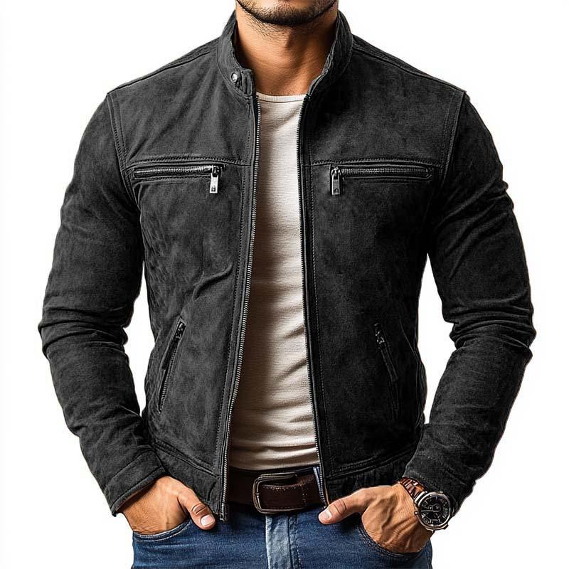 Men's - Jacket - Suede - Classic Slim Fit Multi-Pocket Zippered Stand Collar