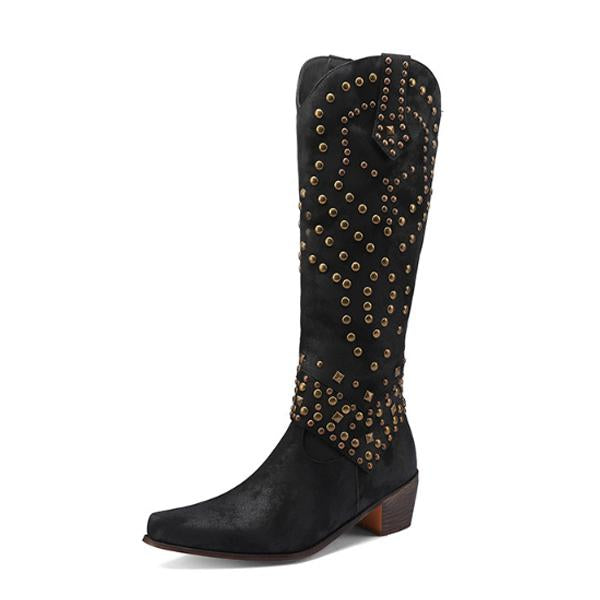 High boots with metal studs and cobby heel