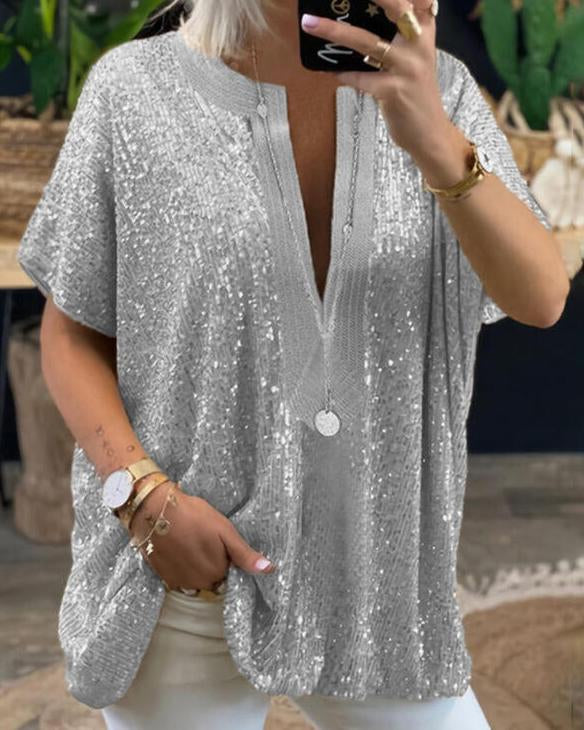 Ladies sequin blouse V-neck elegant