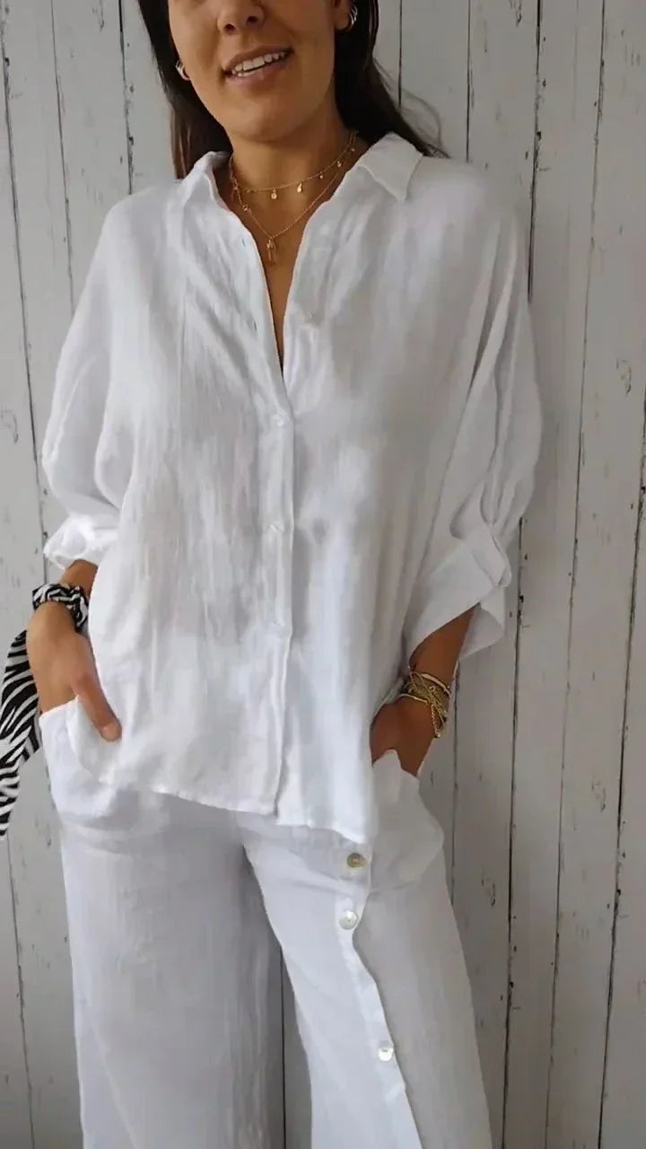 Cotton and linen blouse with button placket