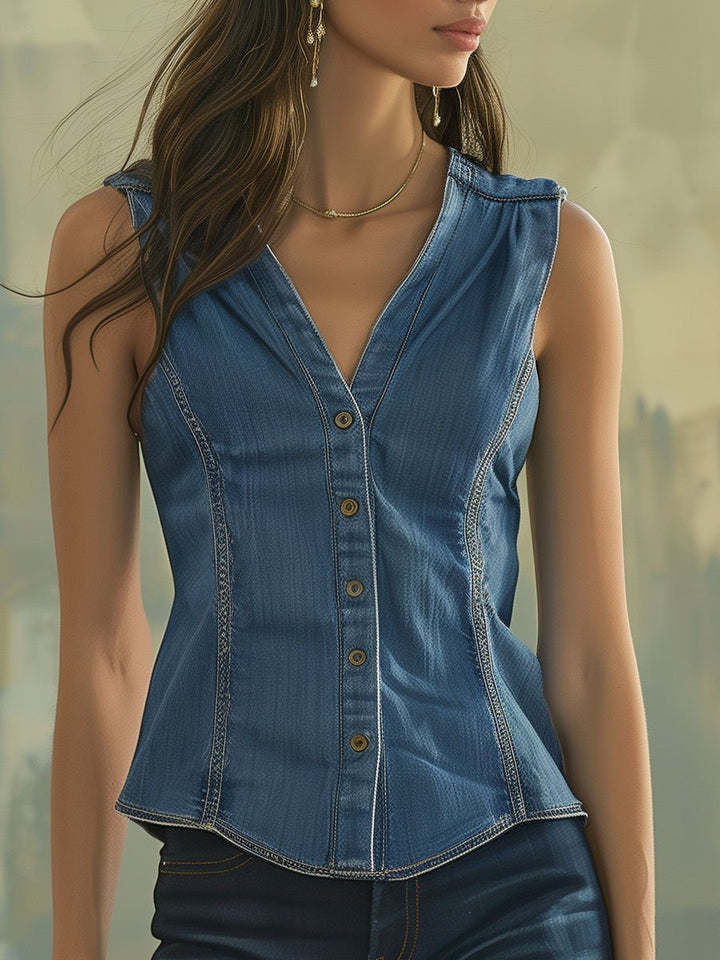 Women's - V-neck Vintage Button Waistcoat - Casual Sleeveless Design - Perfect for Layering and Style