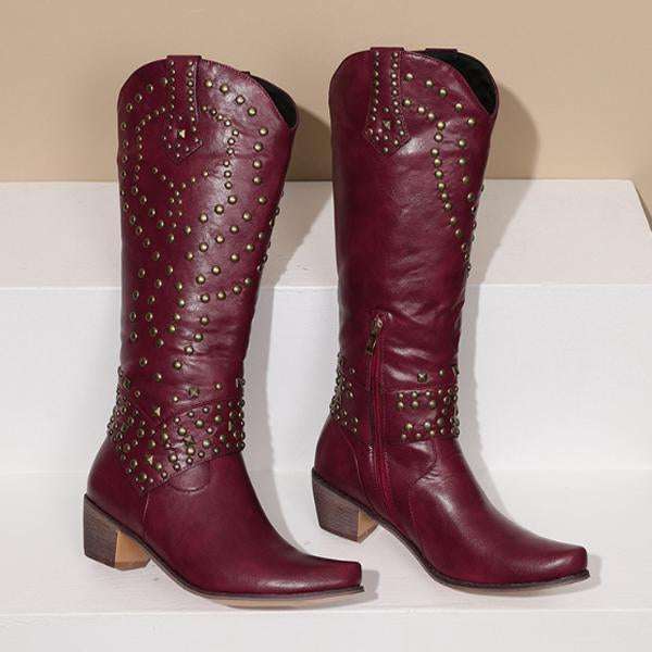 High boots with metal studs and cobby heel