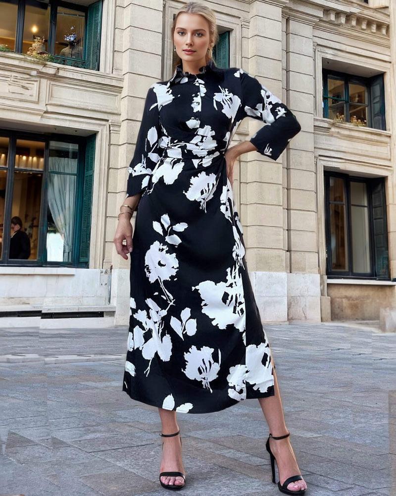 Black and white print draped shirt midi dress