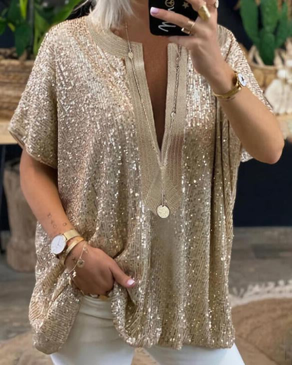 Ladies sequin blouse V-neck elegant