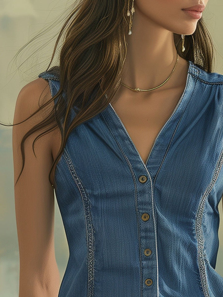 Women's - V-neck Vintage Button Waistcoat - Casual Sleeveless Design - Perfect for Layering and Style