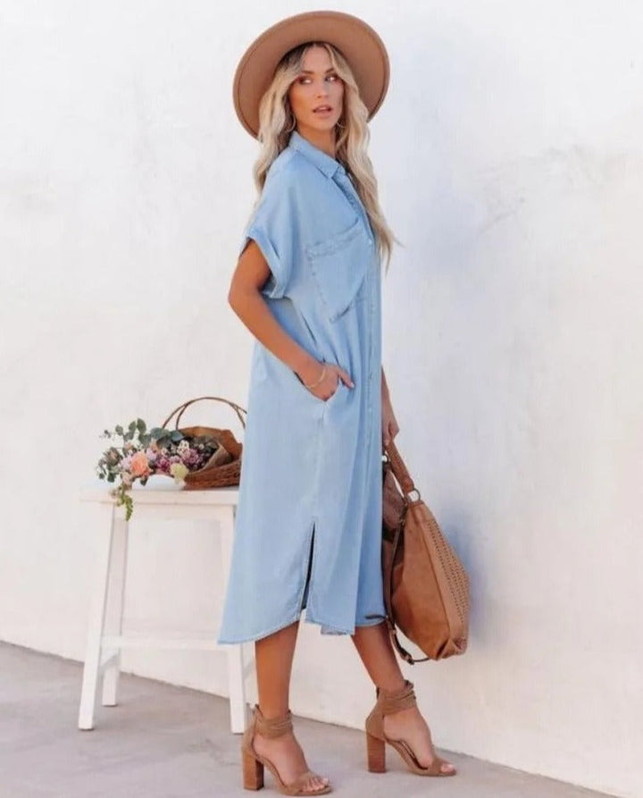 Short-sleeved denim shirt dress