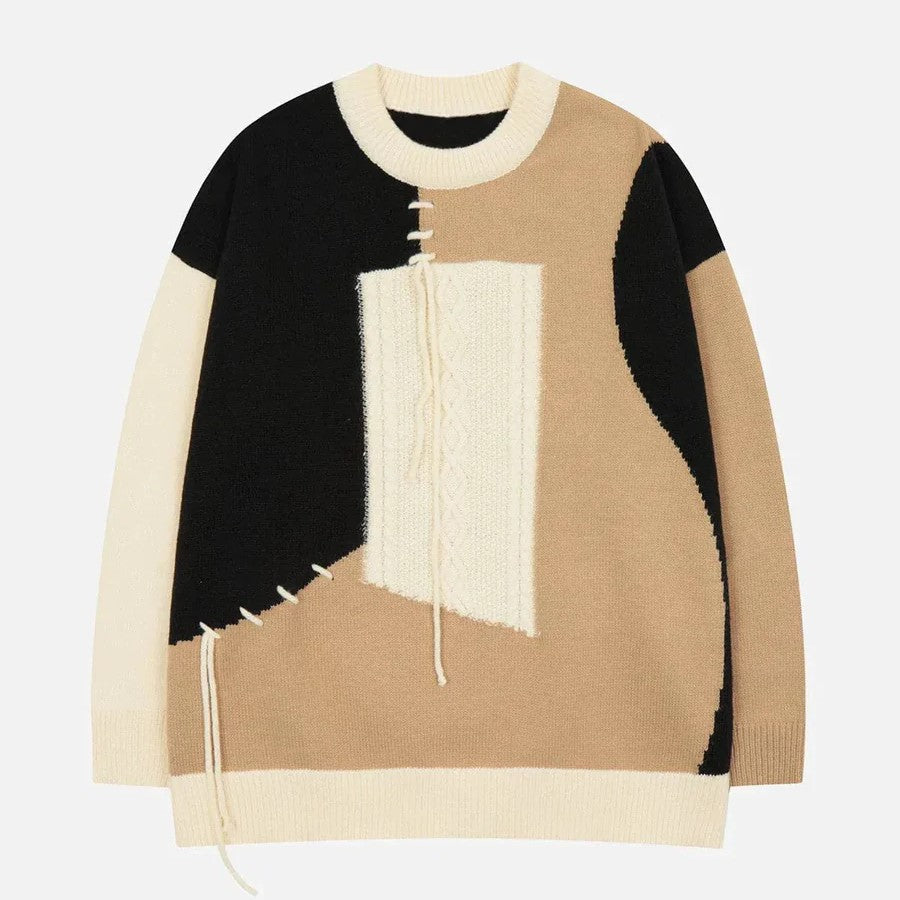 Abstract colour block jumper with cable knit detail