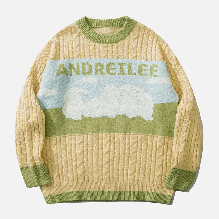 Cable knit jumper with pastel cloud motif