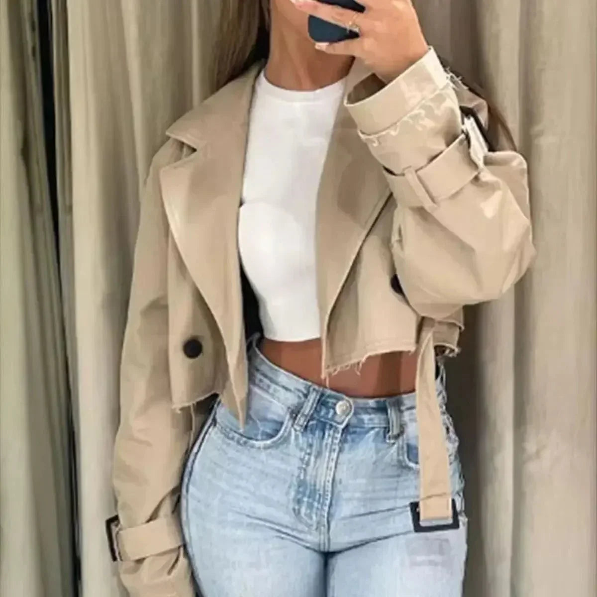 Women's - Short Trench Coat - Lightweight Fabric - Fashionable Design - Stylish for Every Occasion