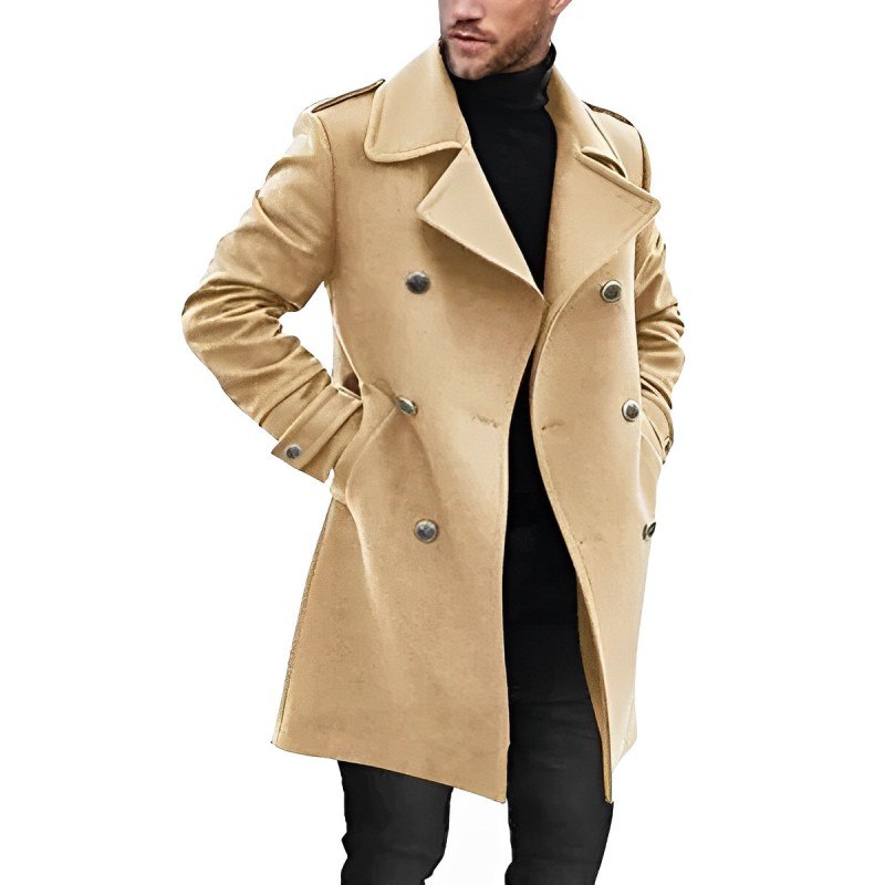 Men's - Formal Mid-Length Wool Coat - Double-Breasted