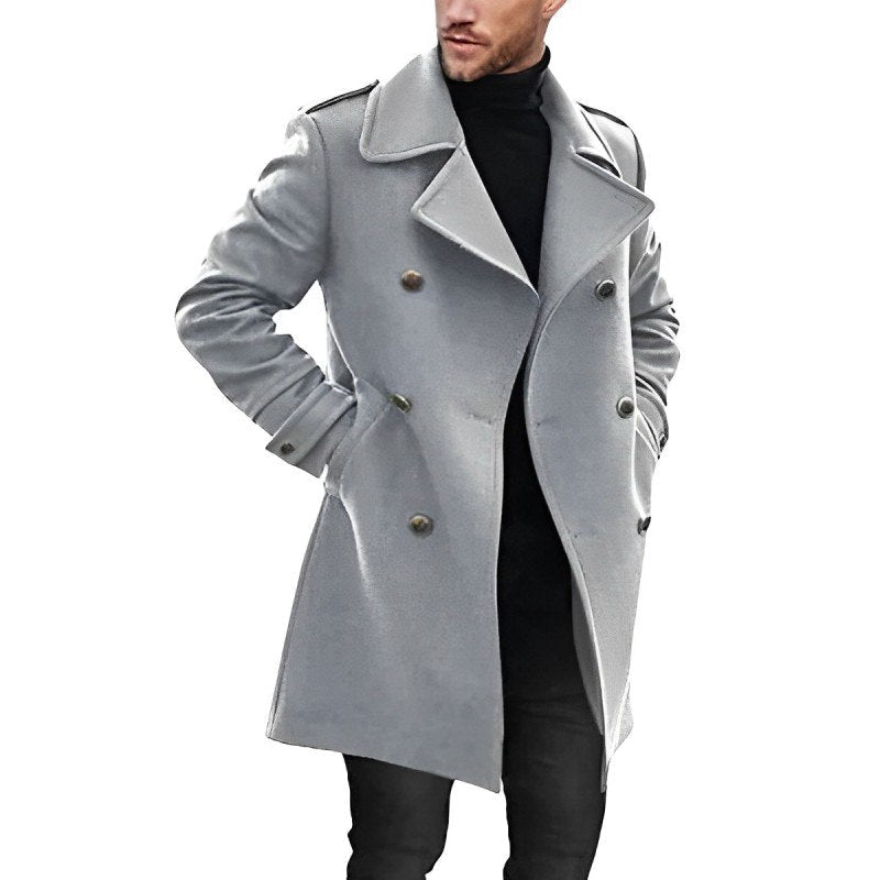 Men's - Formal Mid-Length Wool Coat - Double-Breasted