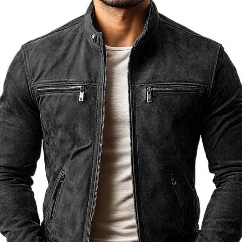 Men's - Jacket - Suede - Classic Slim Fit Multi-Pocket Zippered Stand Collar