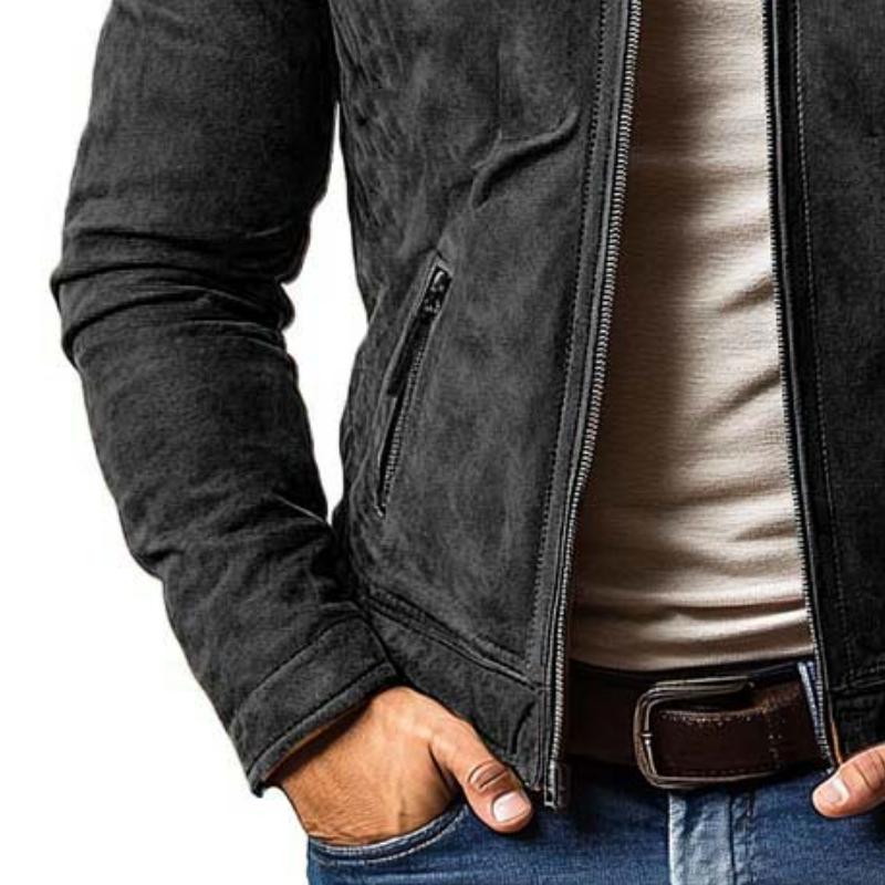 Men's - Jacket - Suede - Classic Slim Fit Multi-Pocket Zippered Stand Collar