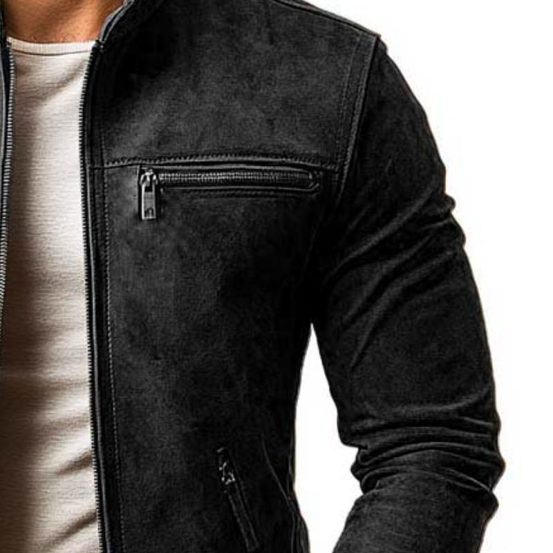Men's - Jacket - Suede - Classic Slim Fit Multi-Pocket Zippered Stand Collar