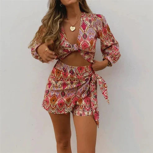 Crop blouse and wrap skirt shorts set