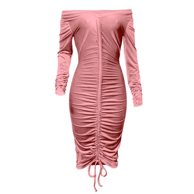 Beautiful drawstring V-neck long sleeve slim bodycon dress