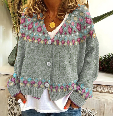 Women's - Knitted Cardigan - Soft Wool Blend - Cosy Grey & Green Scandinavian Style