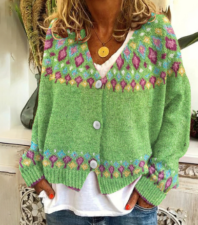 Women's - Knitted Cardigan - Soft Wool Blend - Cosy Grey & Green Scandinavian Style