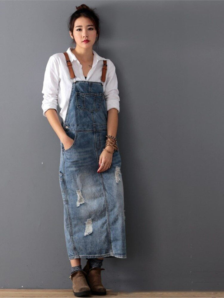 Torn denim overalls dress