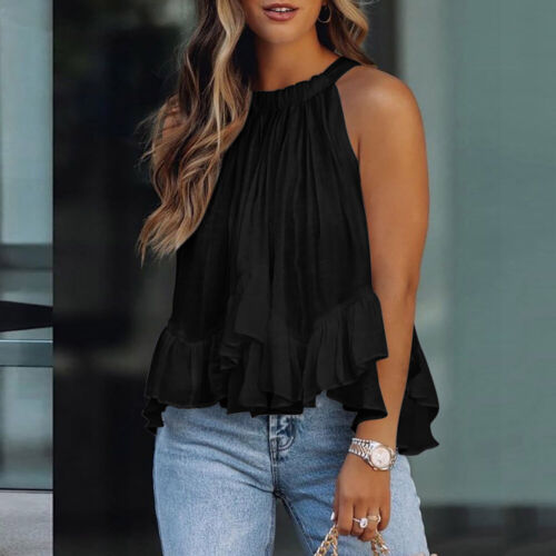 Sleeveless top with stand-up collar and ruffles