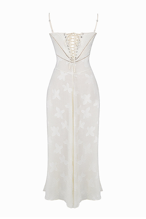 Retro Cream Maxi Dress With Lace Back Panel