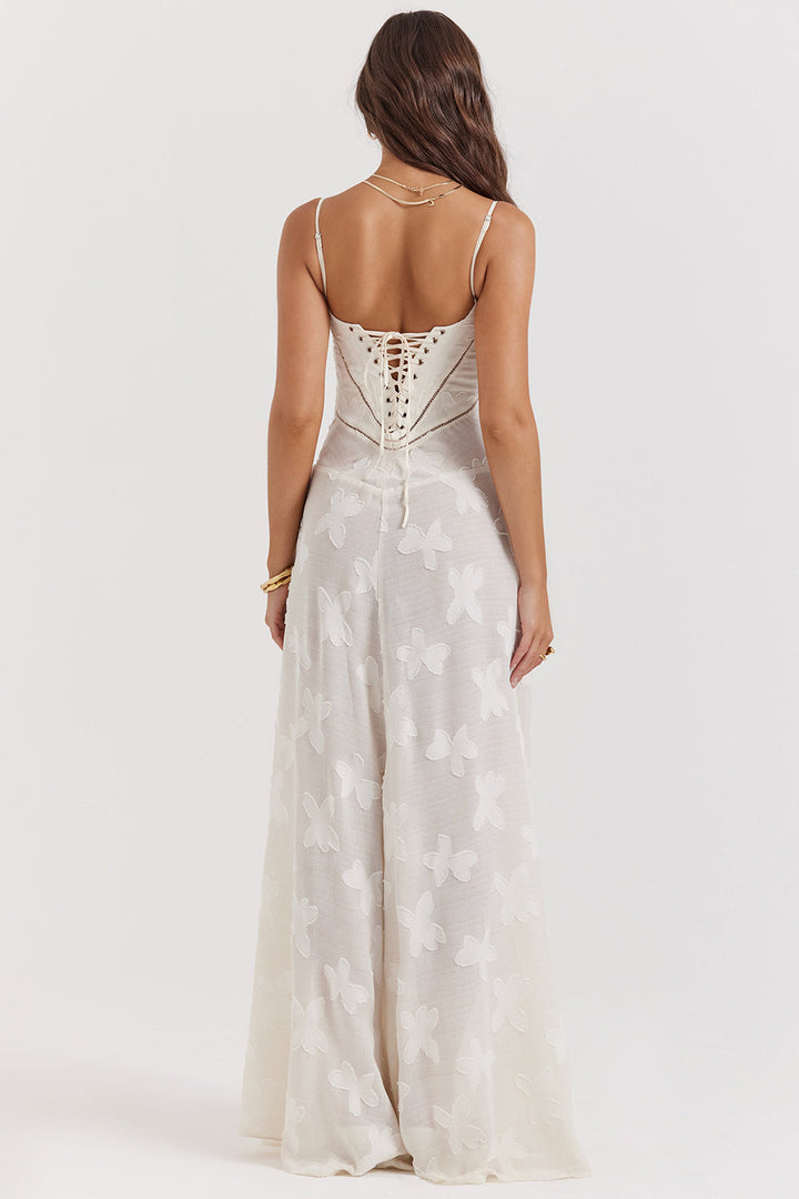 Retro Cream Maxi Dress With Lace Back Panel