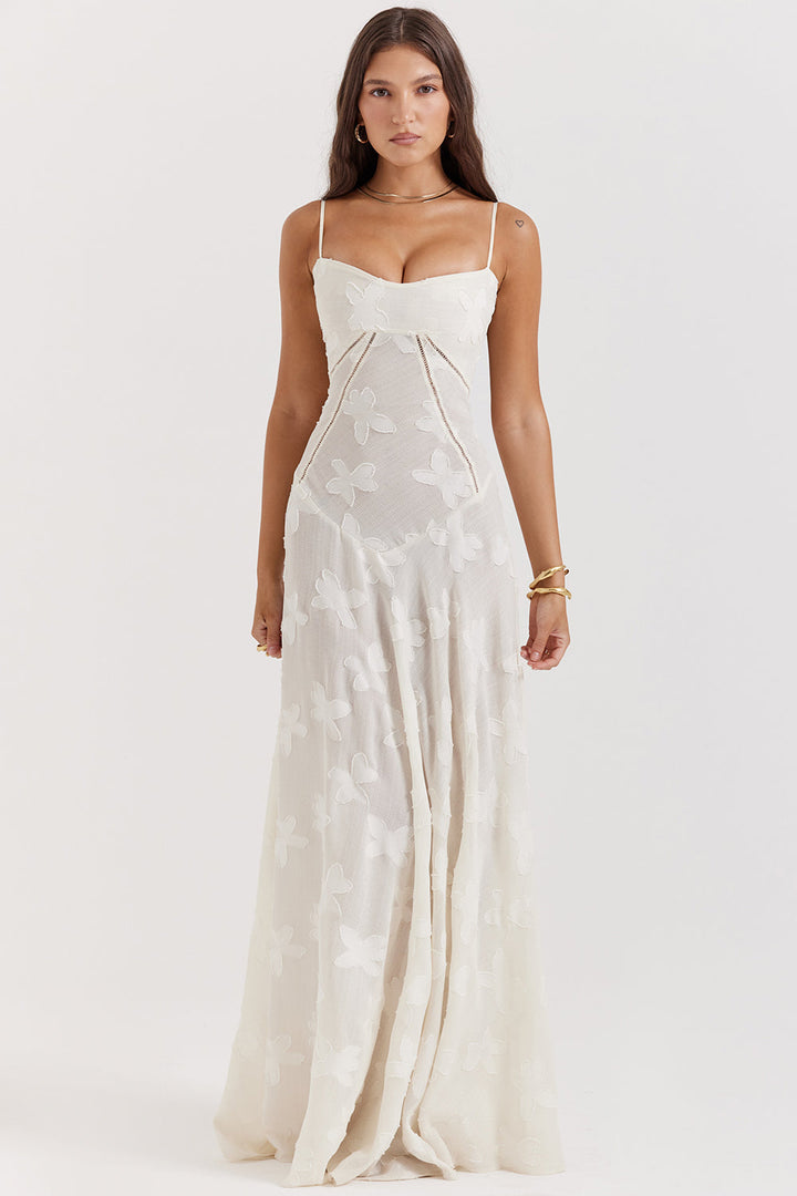 Retro Cream Maxi Dress With Lace Back Panel