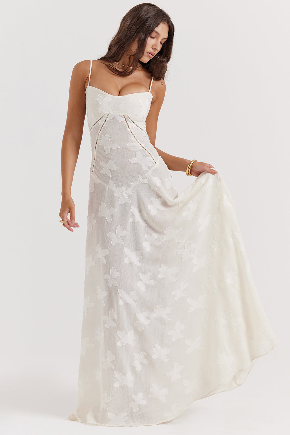 Retro Cream Maxi Dress With Lace Back Panel