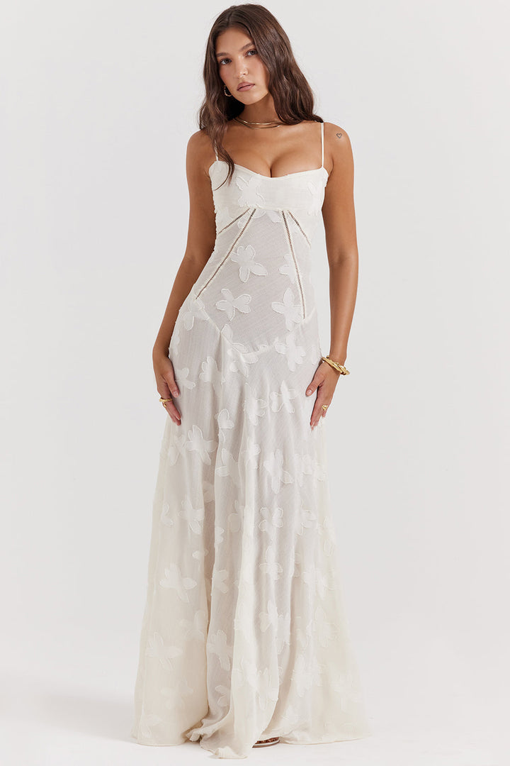 Retro Cream Maxi Dress With Lace Back Panel