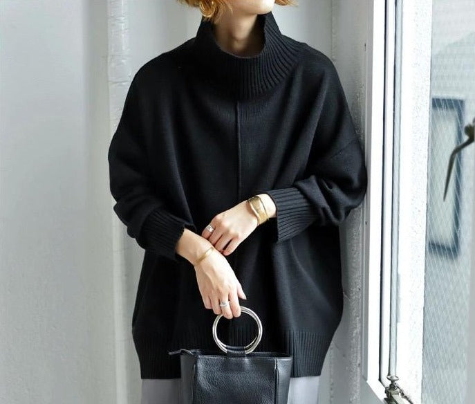 Black Plain Long-Sleeved Sweater with High Neckline