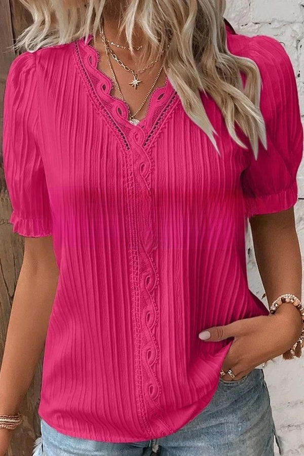 Ladies V-neck single-coloured hollow lace top