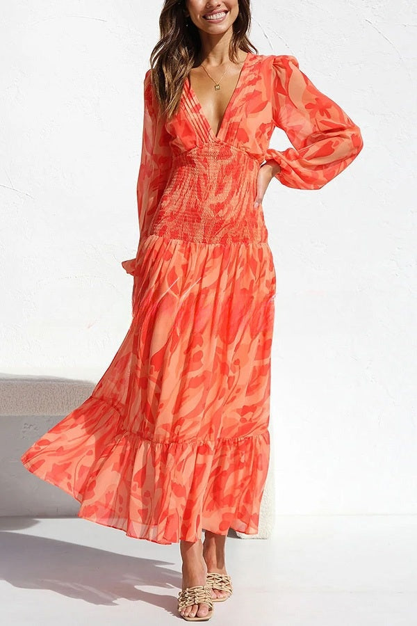 Women's Long Sleeve Tiered Maxi Dress with Waist Smocking