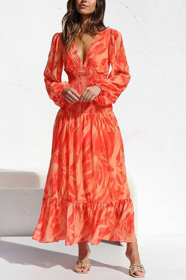 Women's Long Sleeve Tiered Maxi Dress with Waist Smocking