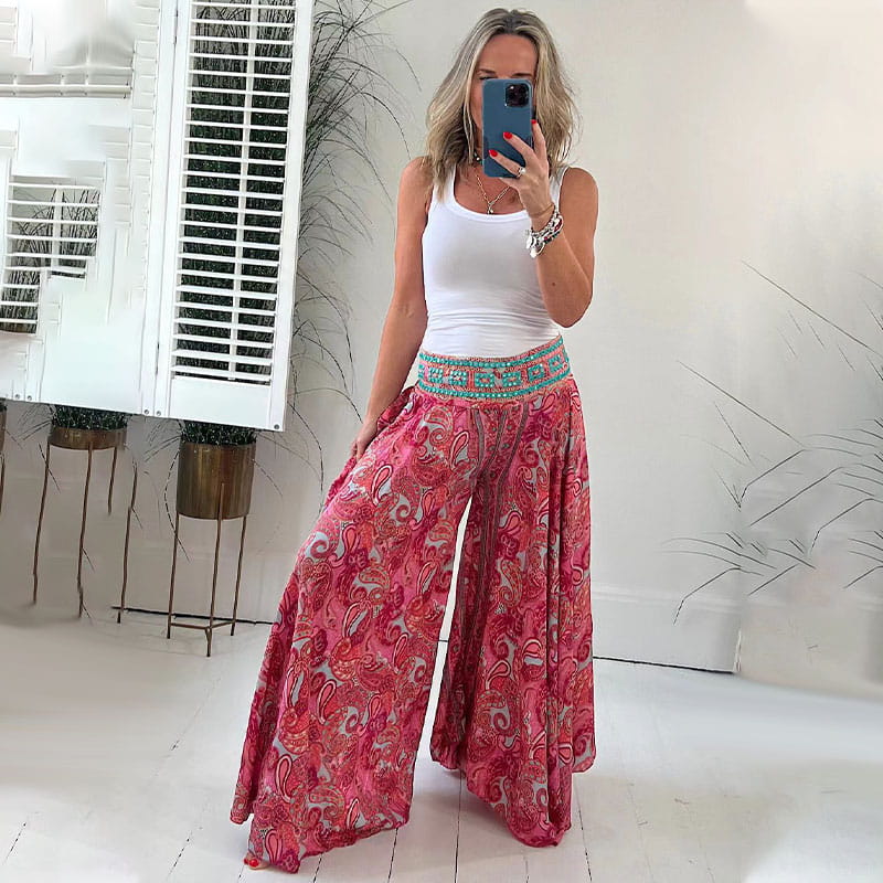 BohoBreeze™ - Lightweight ethnic paisley trousers with elasticated patchwork waistband