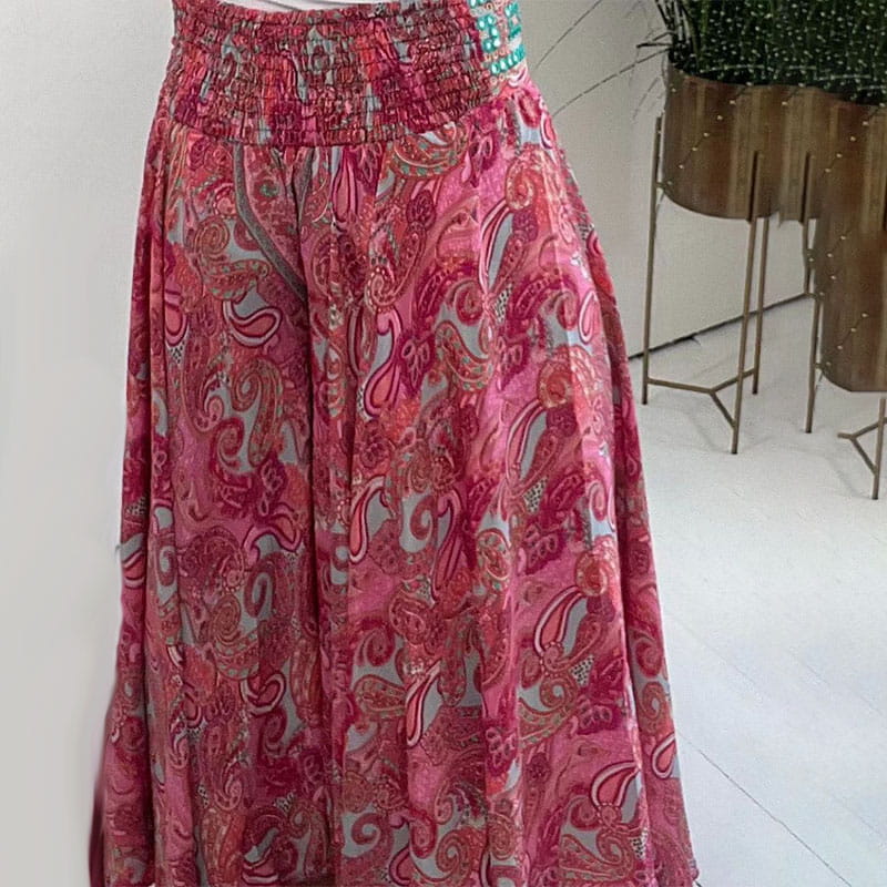 BohoBreeze™ - Lightweight ethnic paisley trousers with elasticated patchwork waistband