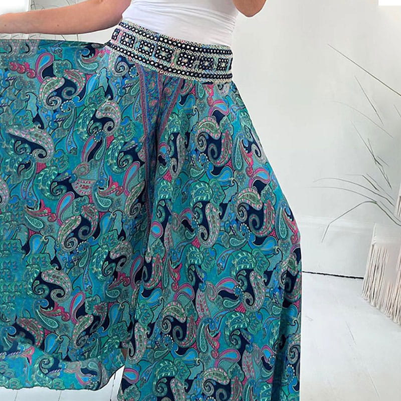 BohoBreeze™ - Lightweight ethnic paisley trousers with elasticated patchwork waistband