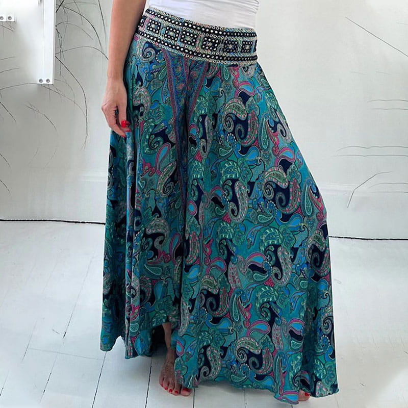 BohoBreeze™ - Lightweight ethnic paisley trousers with elasticated patchwork waistband