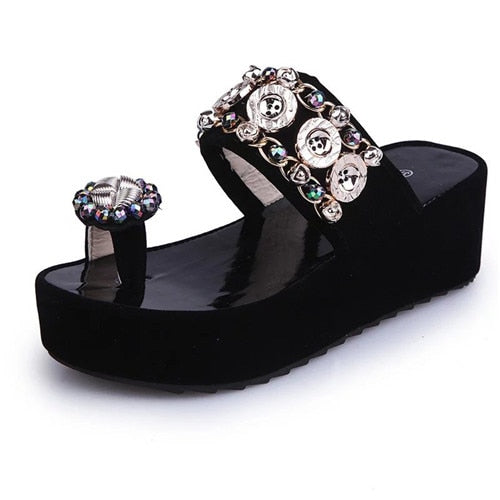 Women's - Crystal Button Wedges Platform Sandals - Stylish and Comfortable Footwear - Perfect for Summer Outings