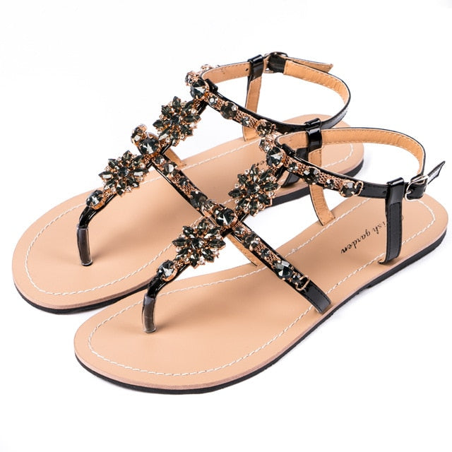 Women's - Shiny cowhide leather T-strap flat sandal - Stylish and Comfortable - Perfect for Casual Summer Occasion