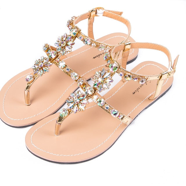 Women's - Shiny cowhide leather T-strap flat sandal - Stylish and Comfortable - Perfect for Casual Summer Occasion