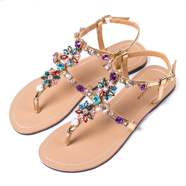 Women's - Shiny cowhide leather T-strap flat sandal - Stylish and Comfortable - Perfect for Casual Summer Occasion