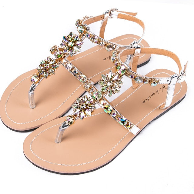 Women's - Shiny cowhide leather T-strap flat sandal - Stylish and Comfortable - Perfect for Casual Summer Occasion